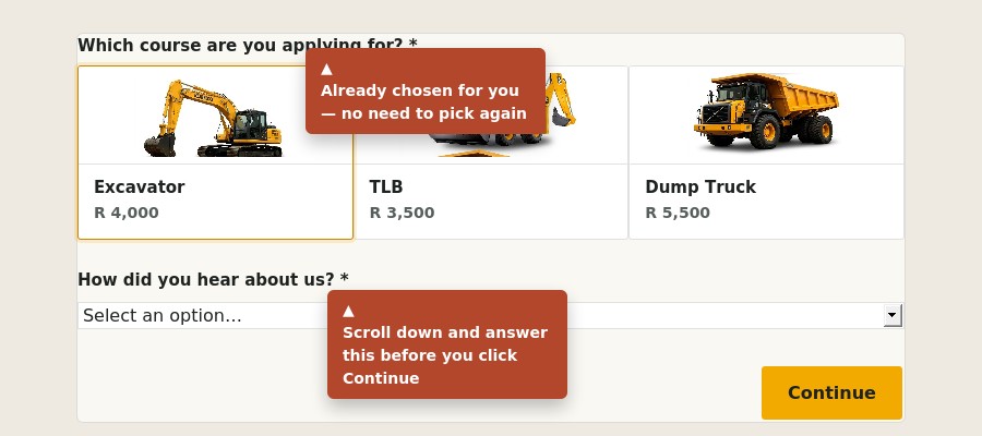 Application form with a course already pre-selected