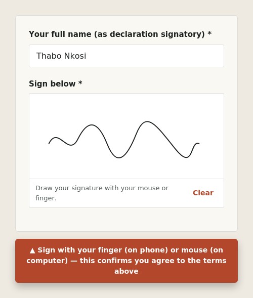 Terms and conditions with an on-screen signature